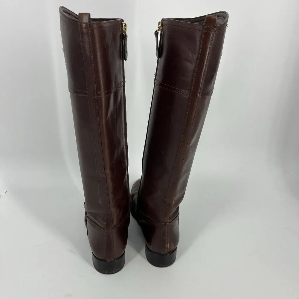 Tory Burch Kiernan Boots Size 7.5 Womens Brown Western Leather Riding Gold Logo